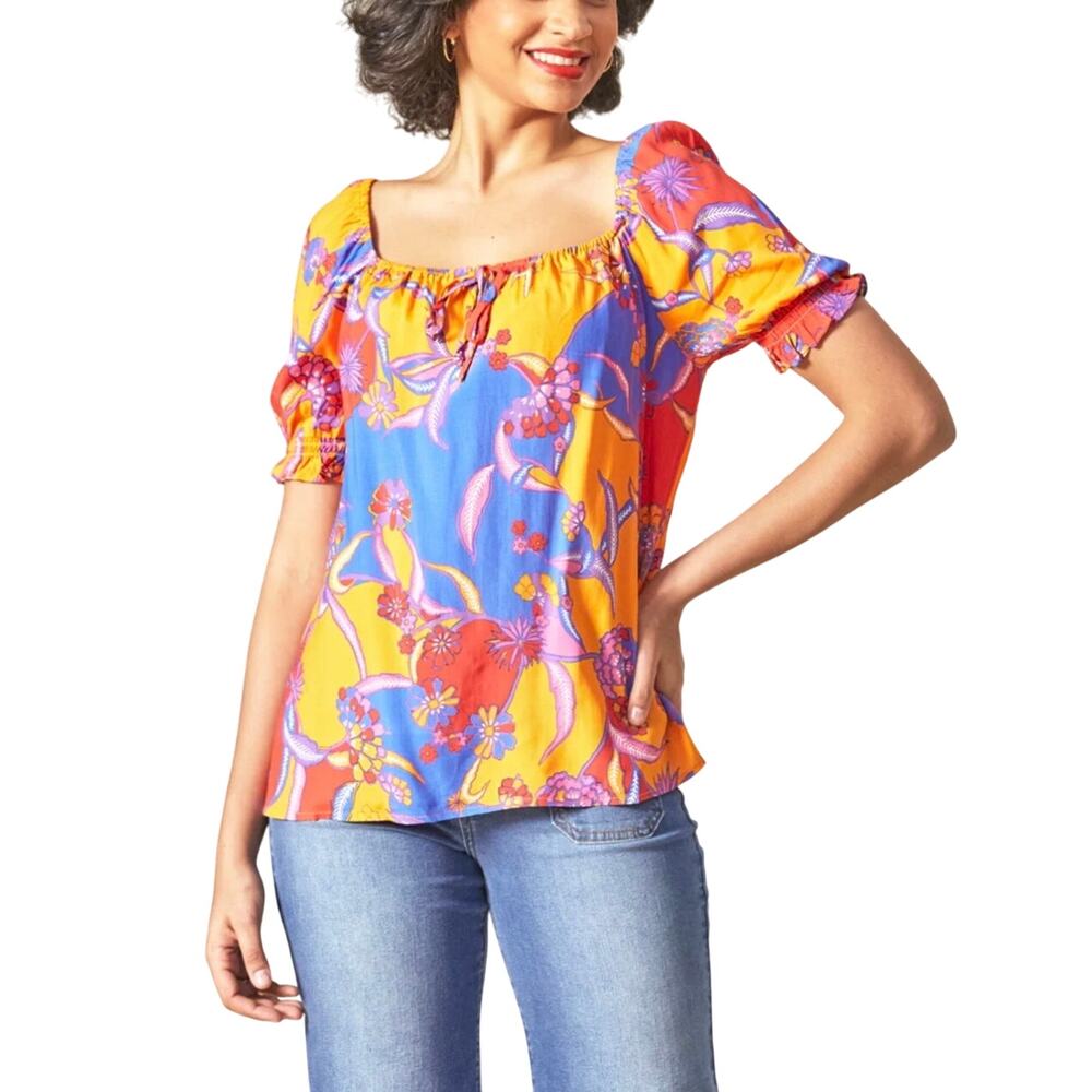 ModCloth In All My Vibrance Multicolor Tie Front Short Sleeve Peasant Top XL
